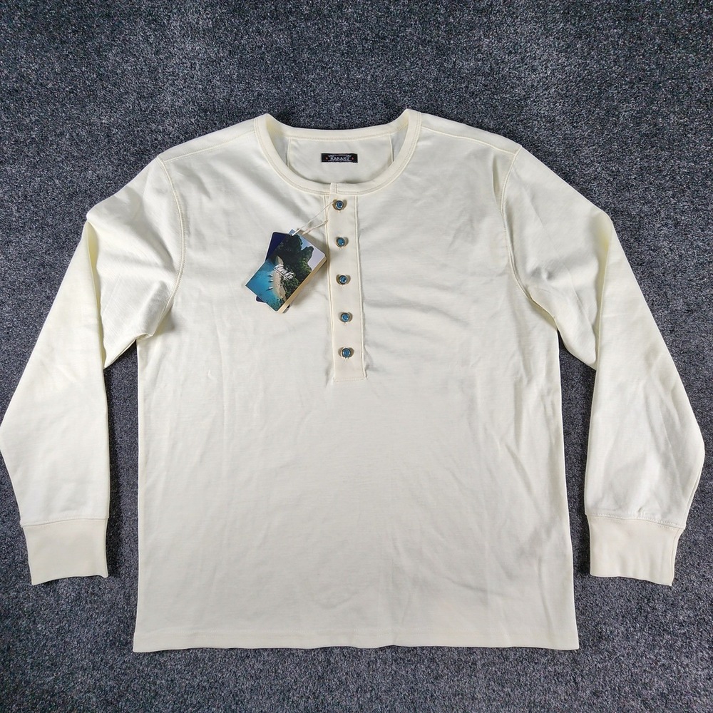 NWT Karaku Mens Long Sleeve Henley Shirt Cream Off White Blue‎ Buttons Size M
